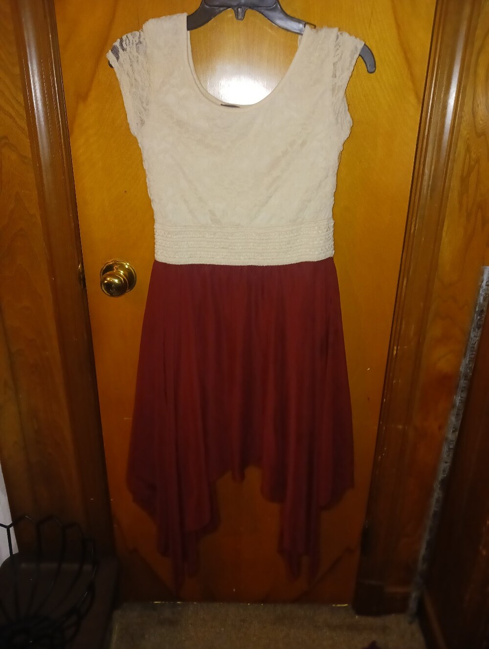 Rue21 Cream Lace Top with Burgundy Handkerchief Skirt Dress